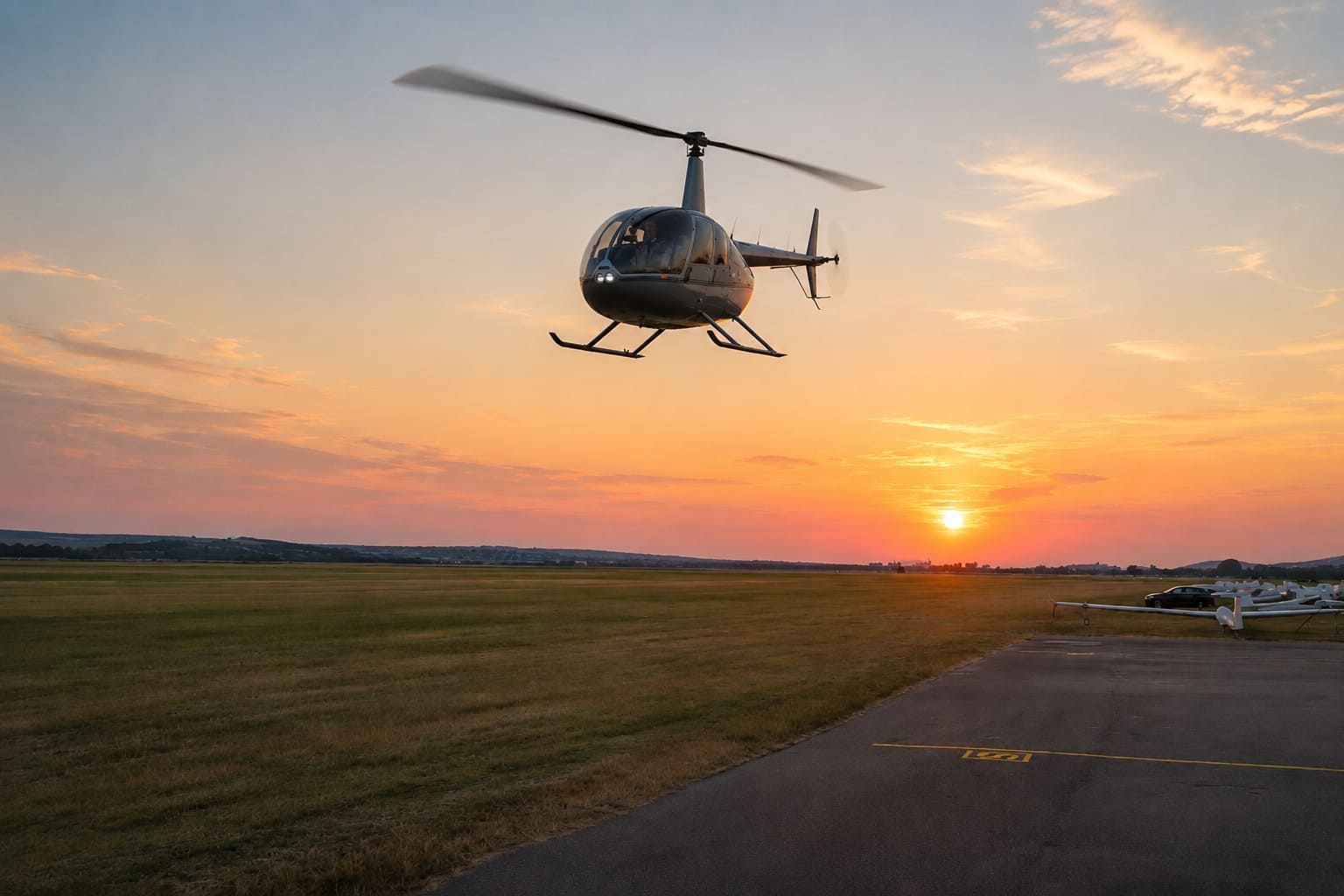 Vrtuľník za letu nad slovenskou krajinou, viditeľná uzavretá presklená kabína a hlavný rotor nad strojom.