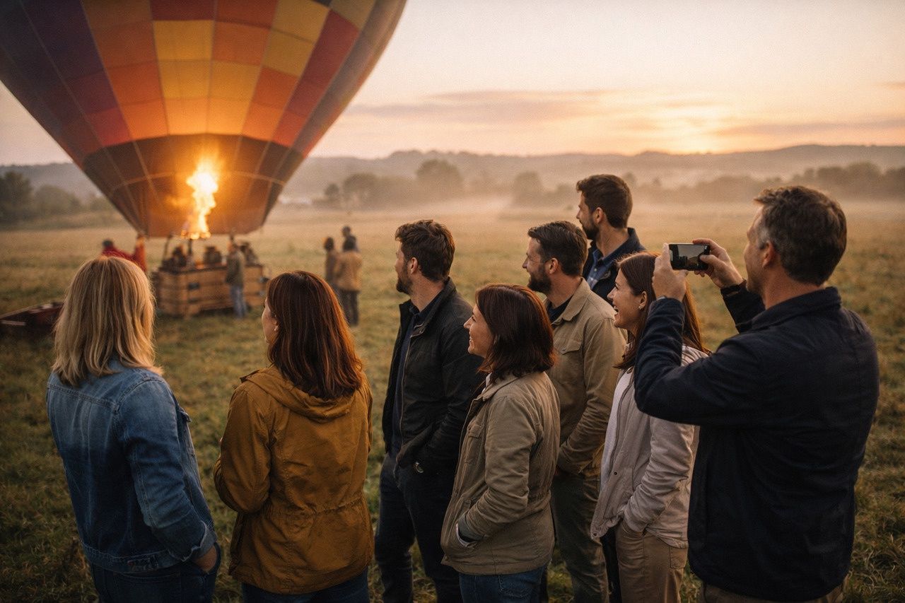 Teambuilding pri lete balónom – tím sleduje štart balóna.