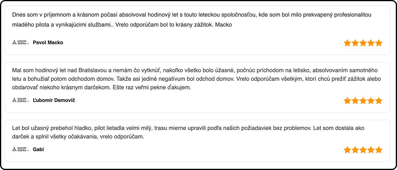 Ukážka hodnotení a recenzií zákazníkov na LeteckéZážitky.sk – spätná väzba po zážitkových letoch.