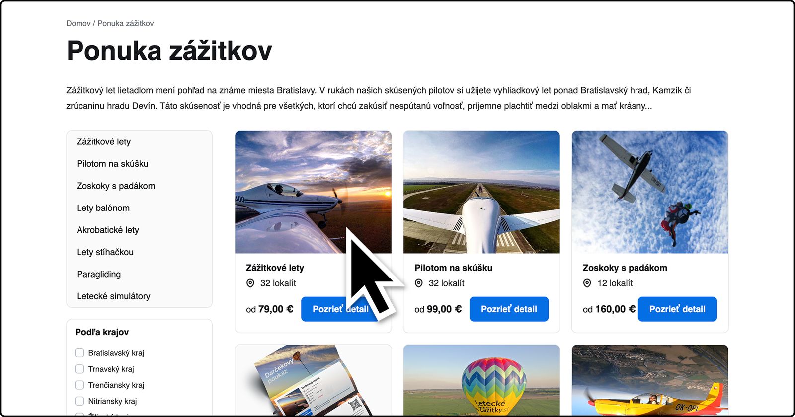 Výmena zážitku, krok 1: výber nového zážitku v ponuke zážitkov na LeteckeZazitky.sk