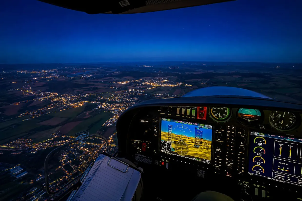 Nočný let pilotom lietadla na skúšku Bratislava-1