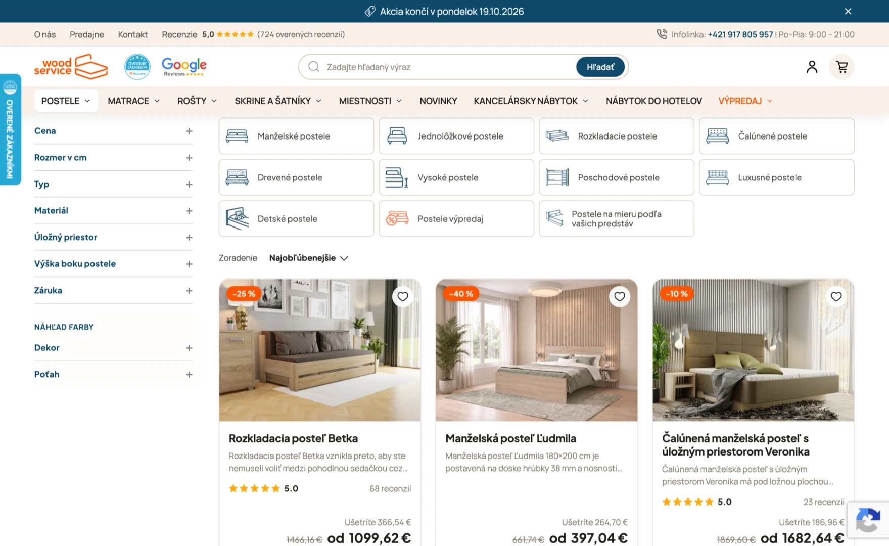 Listing postelí s filtrami a náhľadom farby
