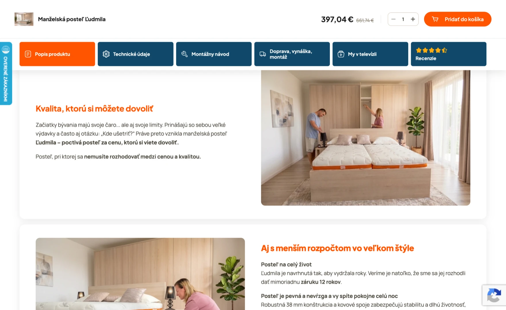 Taby v detaile produktu a sticky lišta s košíkom